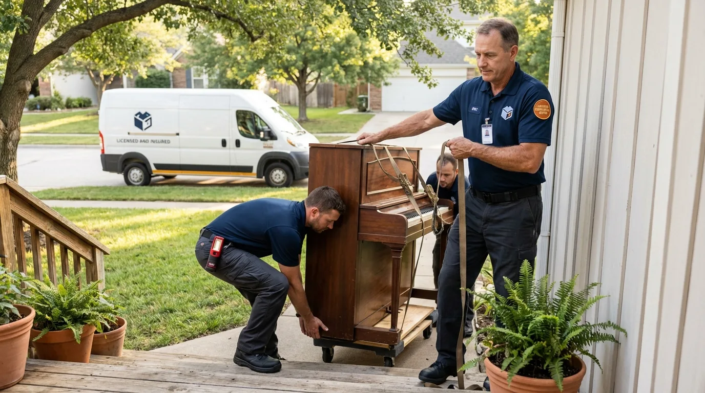 Licensed piano movers securing grand piano in Parker, CO