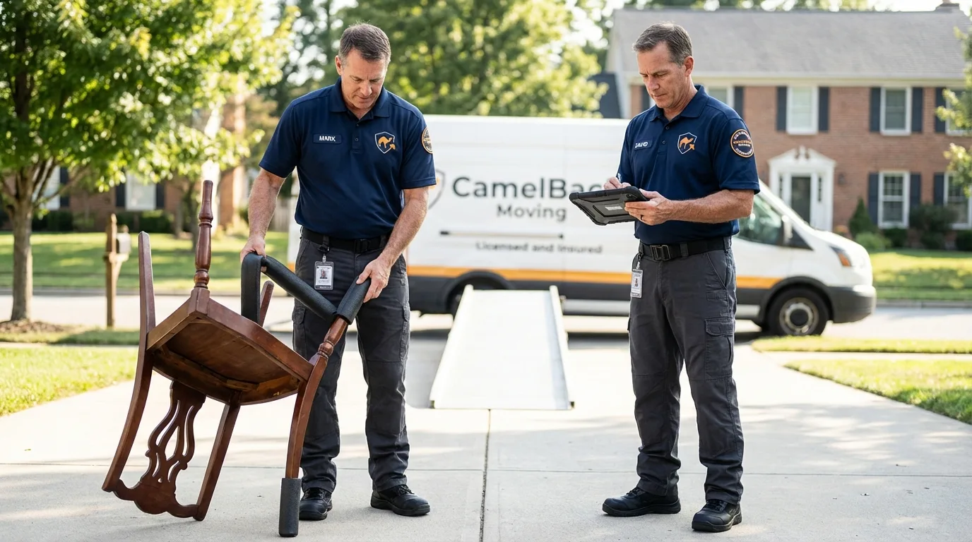 Movers inspecting furniture for damage prevention before loading in Parker, CO