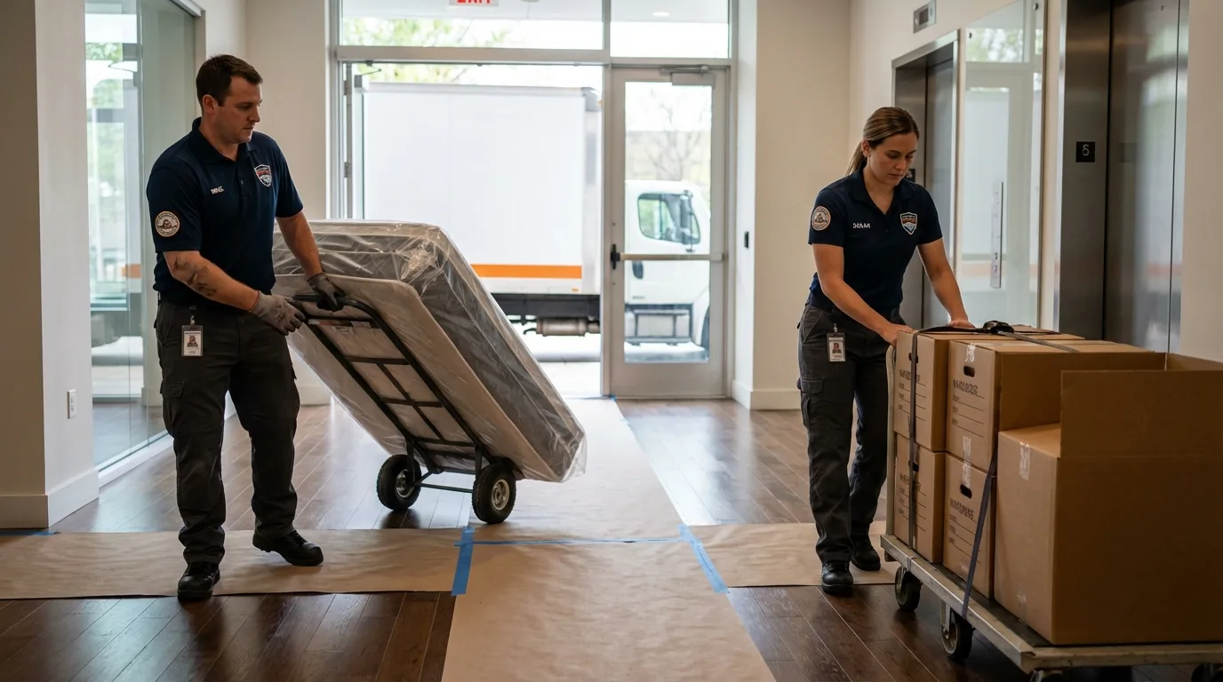 Professional apartment movers loading elevator in Parker, CO